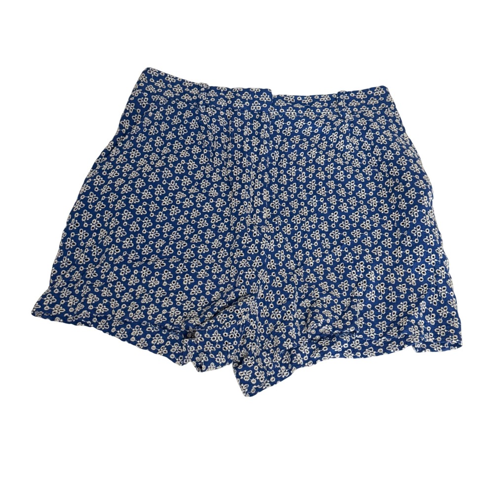 Zara Women Blue White Floral Eyelet High Waisted Viscose Shorts Size M Bohemian
